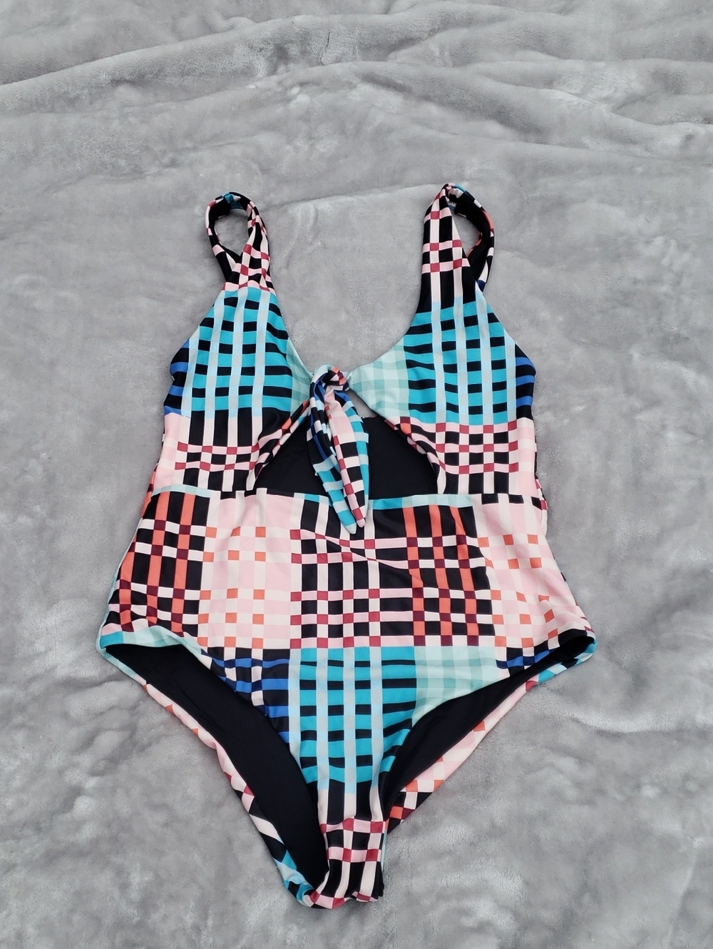 MINKPINK Womens Multicolor Plaid One-Piece Swimsuit in Turquoise, Coral & Navy